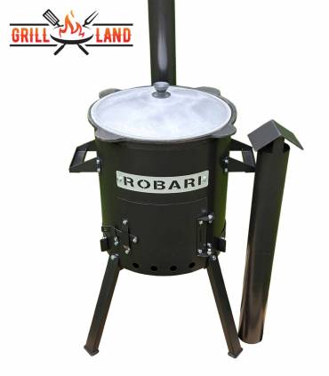 SET Feuerofen mit Schornstein, Utschak US36 mit Kazan usbekisch 10 Liter aus Gusseisen mit Alu-Deckel, Boden flach