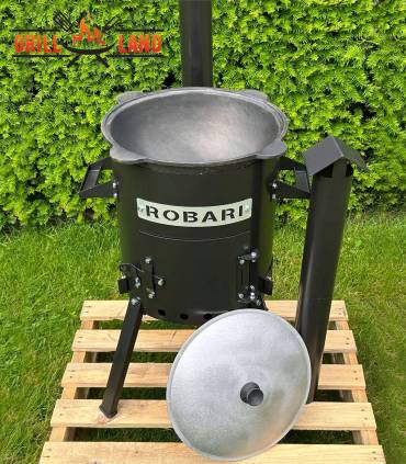 SET Feuerofen mit Schornstein, Utschak US36 mit Kazan usbekisch 10 Liter aus Gusseisen mit Alu-Deckel, Boden flach