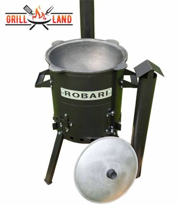 SET Feuerofen mit Schornstein, Utschak US36 mit Kazan usbekisch 10 Liter aus Gusseisen mit Alu-Deckel, Boden flach