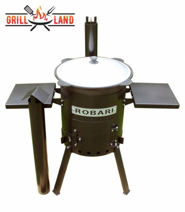 SET Feuerofen 36 mit Schornstein und 2 Ablagen mit Kazan usbekisch 12 Liter aus Gusseisen mit Aludeckel, Boden rund