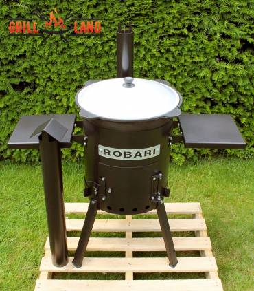 SET Feuerofen 36 mit Schornstein und 2 Ablagen mit Kazan usbekisch 12 Liter aus Gusseisen mit Aludeckel, Boden rund