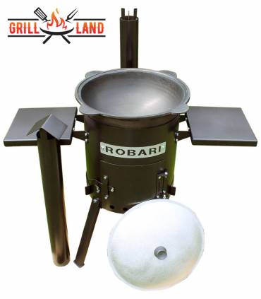 SET Feuerofen 36 mit Schornstein und 2 Ablagen mit Kazan usbekisch 12 Liter aus Gusseisen mit Aludeckel, Boden rund