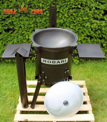 SET Feuerofen 36 mit Schornstein und 2 Ablagen mit Kazan usbekisch 12 Liter aus Gusseisen mit Aludeckel, Boden rund