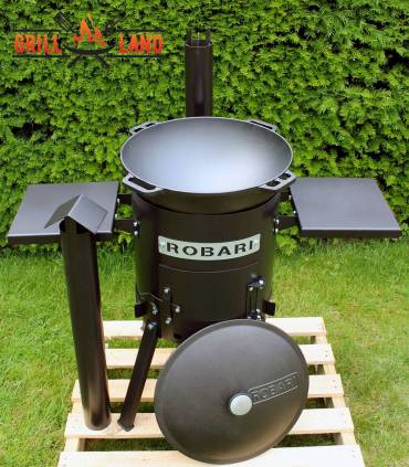 SET Feuerofen 36 mit Schornstein und 2 Ablagen mit Kazan Gusseisen 15 Liter Robari mit Deckel aus Gusseisen