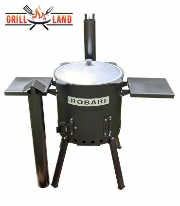 SET Feuerofen UST40 mit Schornstein und 2 Ablagen mit Kazan usbekisch 12 Liter aus Gusseisen mit Aludeckel, Boden rund