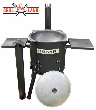 SET Feuerofen UST40 mit Schornstein und 2 Ablagen mit Kazan usbekisch 12 Liter aus Gusseisen mit Aludeckel, Boden rund