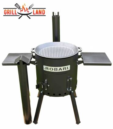 SET Feuerofen UST40 mit Schornstein und 2 Ablagen mit Grilldeckel aus Gusseisen