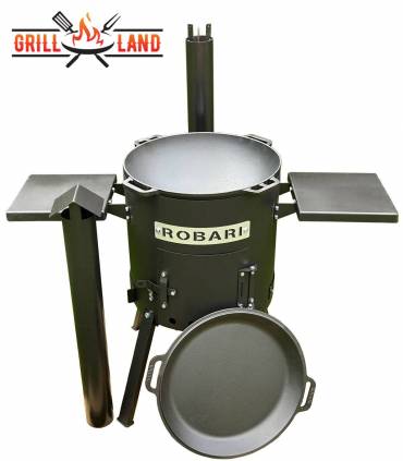SET Feuerofen UST40 mit Schornstein und 2 Ablagen mit Kazan Gusseisen 15 Liter Robari mit Pfannendeckel aus Gusseisen