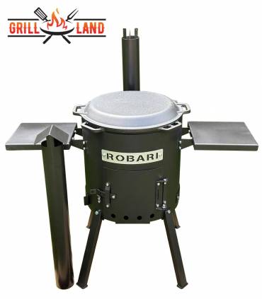 SET Feuerofen UST40 mit Schornstein und 2 Ablagen mit Kazan Gusseisen 12 Liter Robari mit Grilldeckel aus Gusseisen