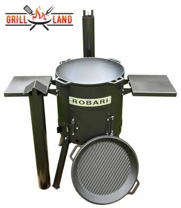 SET Feuerofen UST40 mit Schornstein und 2 Ablagen mit Kazan Gusseisen 12 Liter Robari mit Grilldeckel aus Gusseisen