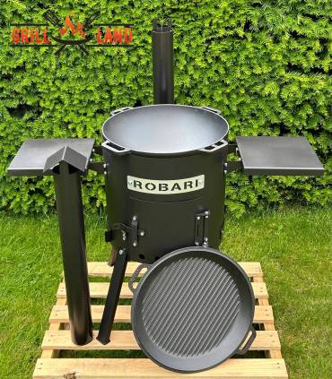 SET Feuerofen UST40 mit Schornstein und 2 Ablagen mit Kazan Gusseisen 12 Liter Robari mit Grilldeckel aus Gusseisen