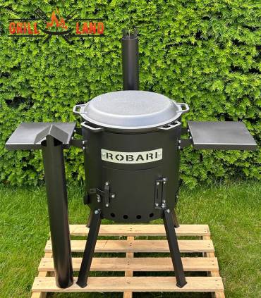 SET Feuerofen UST40 mit Schornstein und 2 Ablagen mit Kazan Gusseisen 15 Liter Robari mit Grilldeckel aus Gusseisen