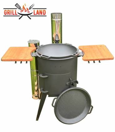 SET Premium Feuerofen Edelstahl-Schornstein 2 Ablagen mit 12L Kazan Gusseisen Robari mit Grilldeckel aus Gusseisen