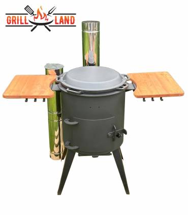 SET Premium Feuerofen Edelstahl-Schornstein 2 Ablagen mit 15L Kazan Gusseisen Robari mit Grilldeckel aus Gusseisen
