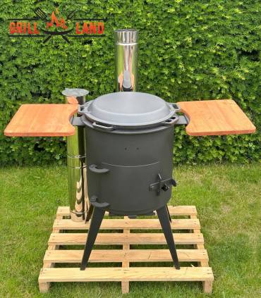 SET Premium Feuerofen Edelstahl-Schornstein 2 Ablagen mit 15L Kazan Gusseisen Robari mit Grilldeckel aus Gusseisen