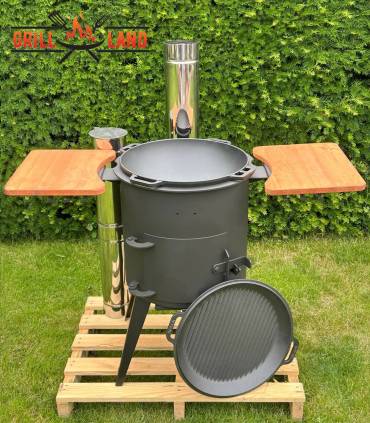 SET Premium Feuerofen Edelstahl-Schornstein 2 Ablagen mit 15L Kazan Gusseisen Robari mit Grilldeckel aus Gusseisen