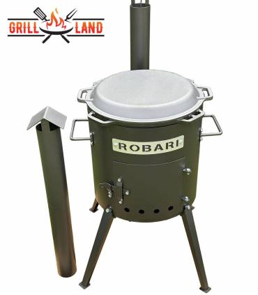 SET Feuerofen mit Schornstein, Utschak US40E mit Kazan Gusseisen 12 Liter Robari mit Pfannendeckel aus Gusseisen