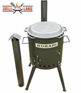 SET Feuerofen mit Schornstein, Utschak US40E mit Kazan Gusseisen 12 Liter Robari mit Grilldeckel aus Gusseisen