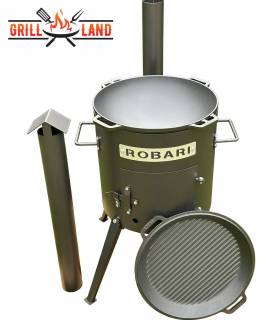 SET Feuerofen mit Schornstein, Utschak US40E mit Kazan Gusseisen 12 Liter Robari mit Grilldeckel aus Gusseisen