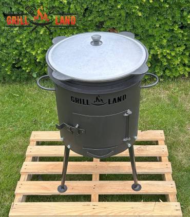 Set Holzofen/Uchag Grill-Land, Ø37 cm für Kazan Stahl 3 mm mit Kazan Usbekisch 12 Liter aus Gusseisen mit Aludeckel, Boden rund