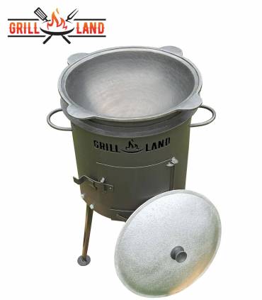 Set Holzofen/Uchag Grill-Land, Ø37 cm für Kazan Stahl 3 mm mit Kazan Usbekisch 12 Liter aus Gusseisen mit Aludeckel, Boden rund