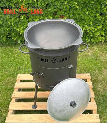 Set Holzofen/Uchag Grill-Land, Ø37 cm für Kazan Stahl 3 mm mit Kazan Usbekisch 12 Liter aus Gusseisen mit Aludeckel, Boden rund
