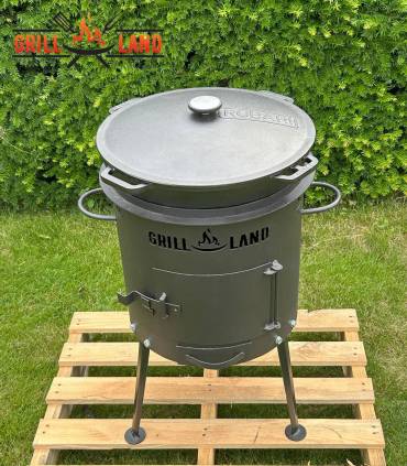 Set Feuerofen/Uchag Ø37 cm Grill-Land, Stahl 3 mm mit 12 L Kazan Gusseisen Robari mit Deckel aus Gusseisen