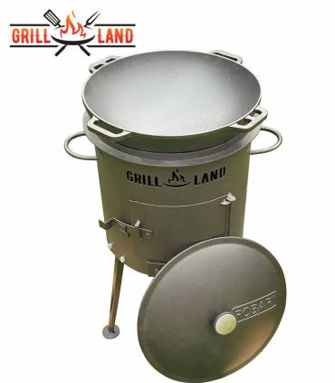 Set Feuerofen/Uchag Ø37 cm Grill-Land, Stahl 3 mm mit 12 L Kazan Gusseisen Robari mit Deckel aus Gusseisen