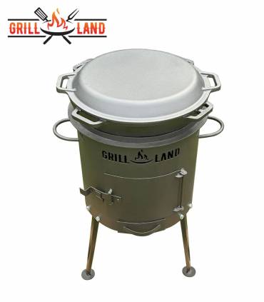 Set Feuerofen/Uchag Ø37 cm Grill-Land, Stahl 3 mm mit 12L Kazan Gusseisen Robari mit Pfannendeckel aus Gusseisen