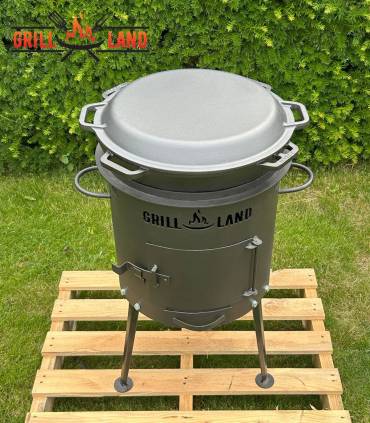 Set Feuerofen/Uchag Ø37 cm Grill-Land, Stahl 3 mm mit 12L Kazan Gusseisen Robari mit Pfannendeckel aus Gusseisen