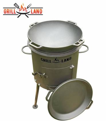 Set Feuerofen/Uchag Ø37 cm Grill-Land, Stahl 3 mm mit 12L Kazan Gusseisen Robari mit Pfannendeckel aus Gusseisen