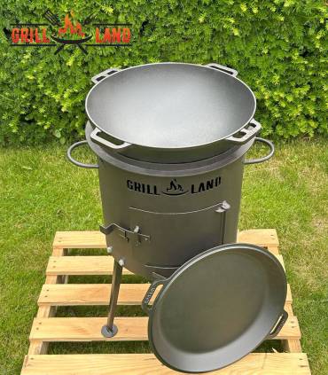 Set Feuerofen/Uchag Ø37 cm Grill-Land, Stahl 3 mm mit 12L Kazan Gusseisen Robari mit Pfannendeckel aus Gusseisen