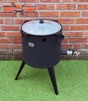 SET Gas-Feuerofen Utschak KOMFORT 37 cm, Stahl 3mm, mit 10L Kazan Usbekisch, aus Gusseisen mit Aludeckel, Boden flach