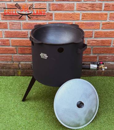 SET Gas-Feuerofen Utschak KOMFORT 37 cm, Stahl 3mm, mit 10L Kazan Usbekisch, aus Gusseisen mit Aludeckel, Boden rund