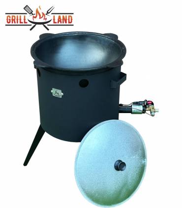 SET Gas-Feuerofen Utschak KOMFORT 37 cm, Stahl 3mm, mit 12L Kazan Usbekisch, aus Gusseisen mit Aludeckel, Boden rund