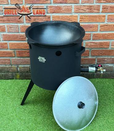 SET Gas-Feuerofen Utschak KOMFORT 37 cm, Stahl 3mm, mit 12L Kazan Usbekisch, aus Gusseisen mit Aludeckel, Boden rund