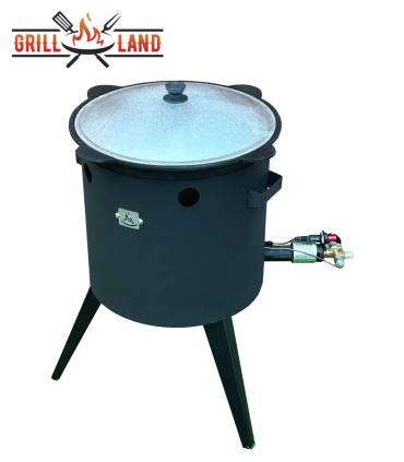 SET Gas-Feuerofen Utschak KOMFORT 37 cm, Stahl 3mm, mit 12L Kazan Usbekisch, aus Gusseisen mit Aludeckel, Boden flach