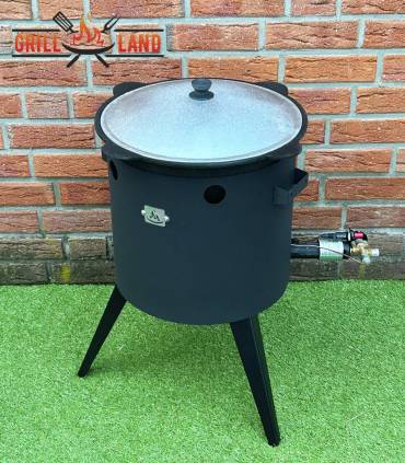 SET Gas-Feuerofen Utschak KOMFORT 37 cm, Stahl 3mm, mit 12L Kazan Usbekisch, aus Gusseisen mit Aludeckel, Boden flach