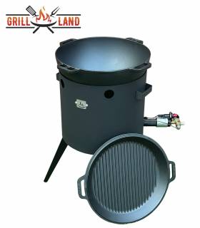 SET Gas-Feuerofen Utschak KOMFORT 37 cm, Stahl 3mm, mit 15 Liter Kazan Gusseisen Robari mit Grilldeckel aus Gusseisen