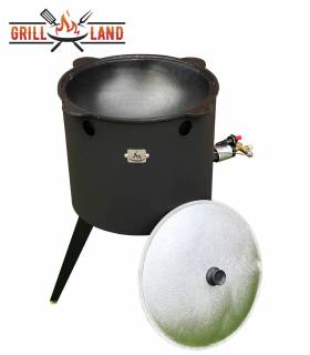 SET Gas-Feuerofen Utschak KOMFORT 40 cm, Stahl 3mm, mit 12L Kazan Usbekisch, aus Gusseisen mit Aludeckel, Boden flach