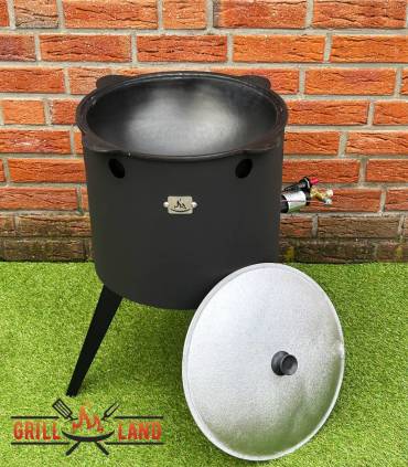 SET Gas-Feuerofen Utschak KOMFORT 40 cm, Stahl 3mm, mit 12L Kazan Usbekisch, aus Gusseisen mit Aludeckel, Boden flach