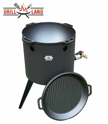 SET Gas-Feuerofen Utschak KOMFORT 40 cm, Stahl 3mm, mit 15 Liter Kazan Gusseisen Robari mit Grilldeckel aus Gusseisen