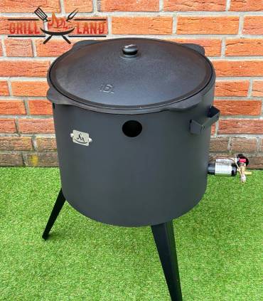 SET Gas-Feuerofen Utschak KOMFORT 45 cm, Stahl 3mm, mit 16L Kazan Usbekisch, aus Gusseisen mit Aludeckel, Boden rund