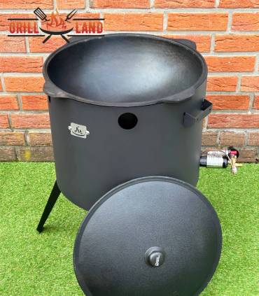 SET Gas-Feuerofen Utschak KOMFORT 45 cm, Stahl 3mm, mit 16L Kazan Usbekisch, aus Gusseisen mit Aludeckel, Boden rund