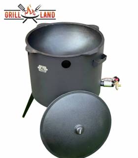 SET Gas-Feuerofen Utschak KOMFORT 45 cm, Stahl 3mm, mit 16L Kazan Usbekisch, aus Gusseisen mit Aludeckel, Boden flach