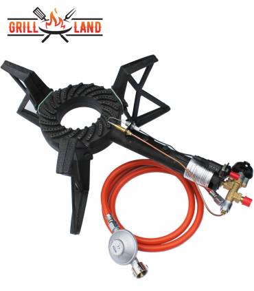 Gas-Hockerkocher Profi 7,5 KW 3-Fuß Hockerkocher 18 cm Gussbrenner mit Zündsicherung und Piezozünder inkl. Schlauch u. Regler