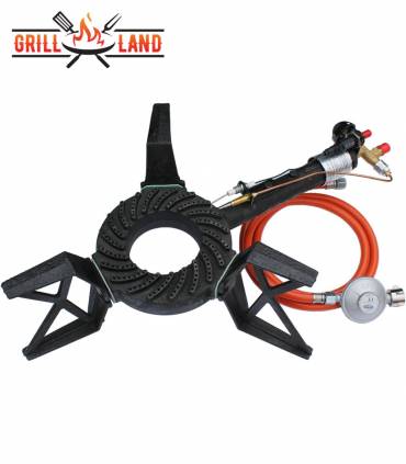 Gas-Hockerkocher Profi 7,5 KW 3-Fuß Hockerkocher 18 cm Gussbrenner mit Zündsicherung und Piezozünder inkl. Schlauch u. Regler